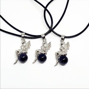 Necklace Blue Sand stone Fairy pendant on leather Plus Ipsy bag